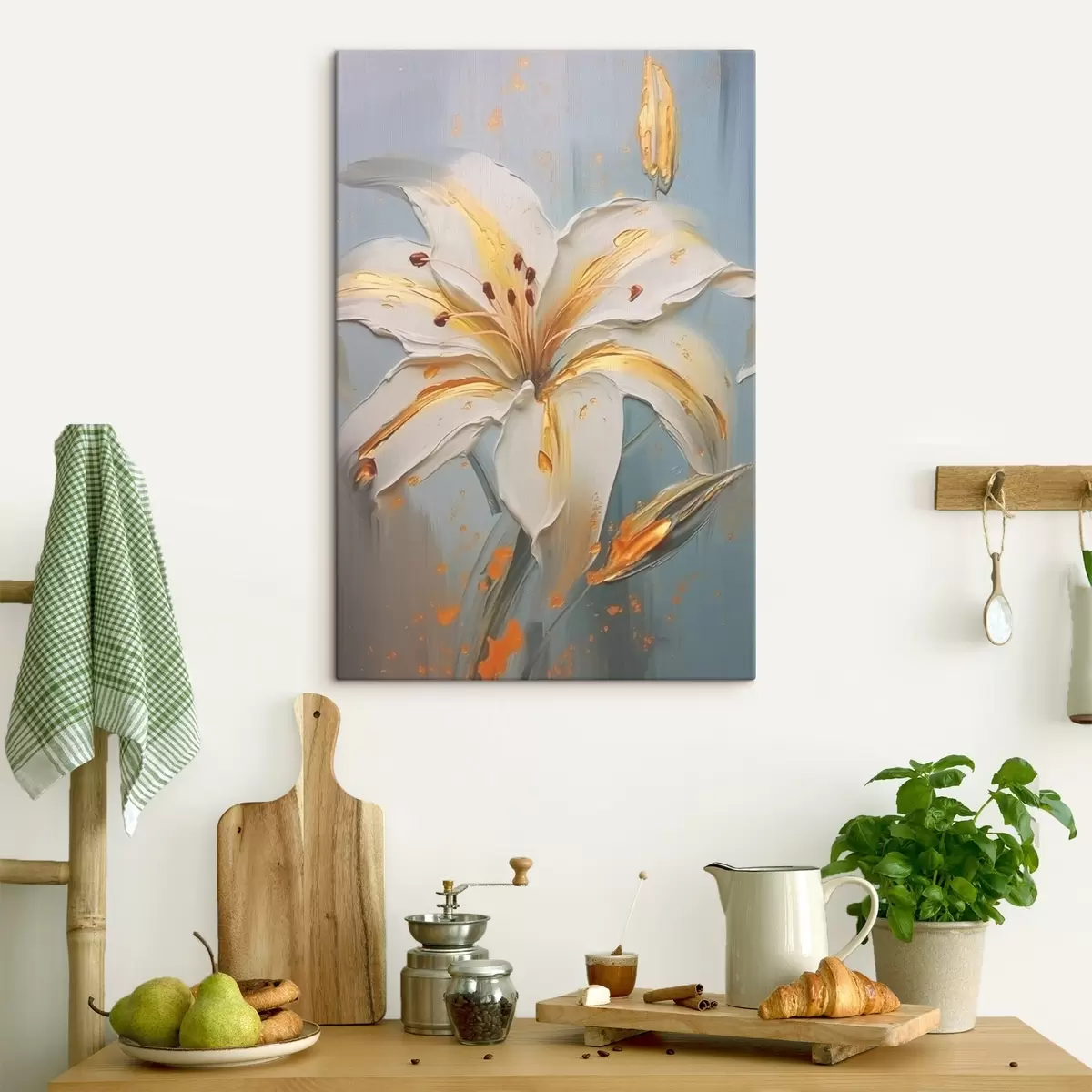 Pilt Valge liilia kollaste piirjoontega sinisel taustal s45077