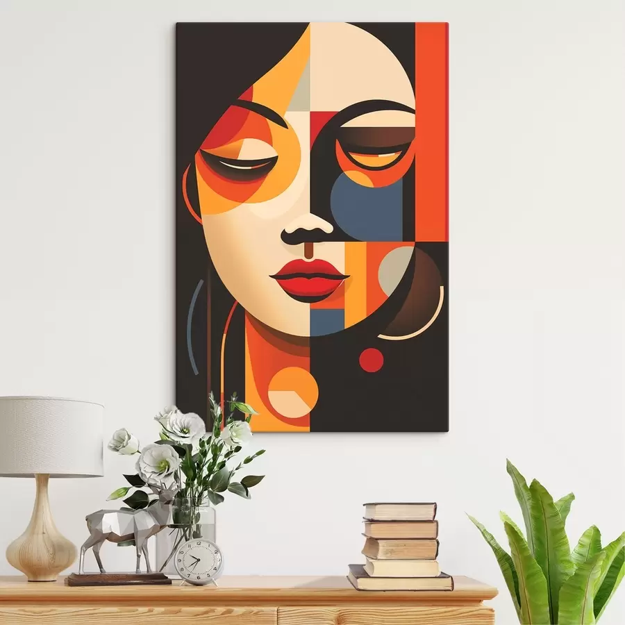 Pilt Geomeetriline naissoost nägu soojades värvides s45087