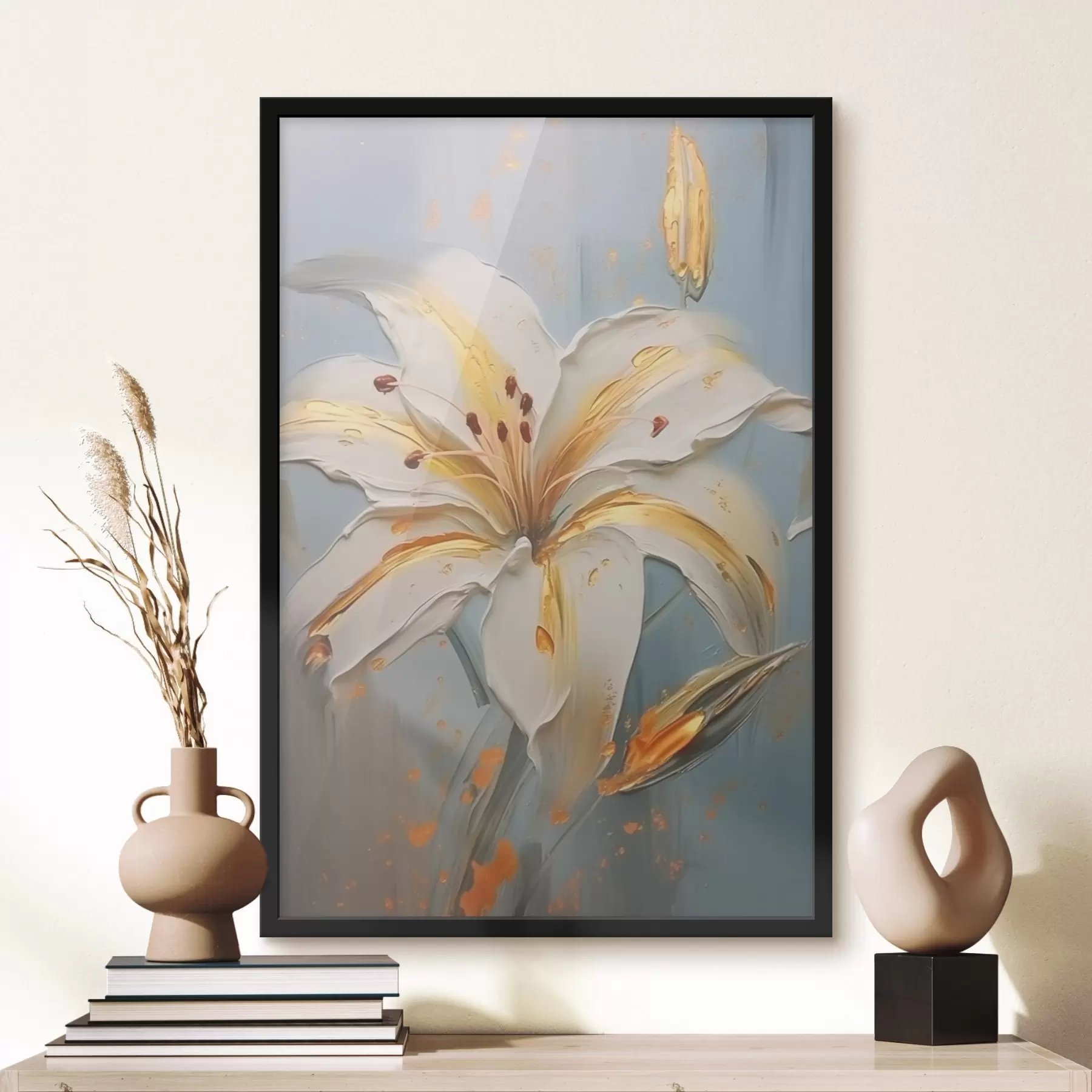 Fototapeedid Valge liilia kollaste piirjoontega sinisel taustal f45077