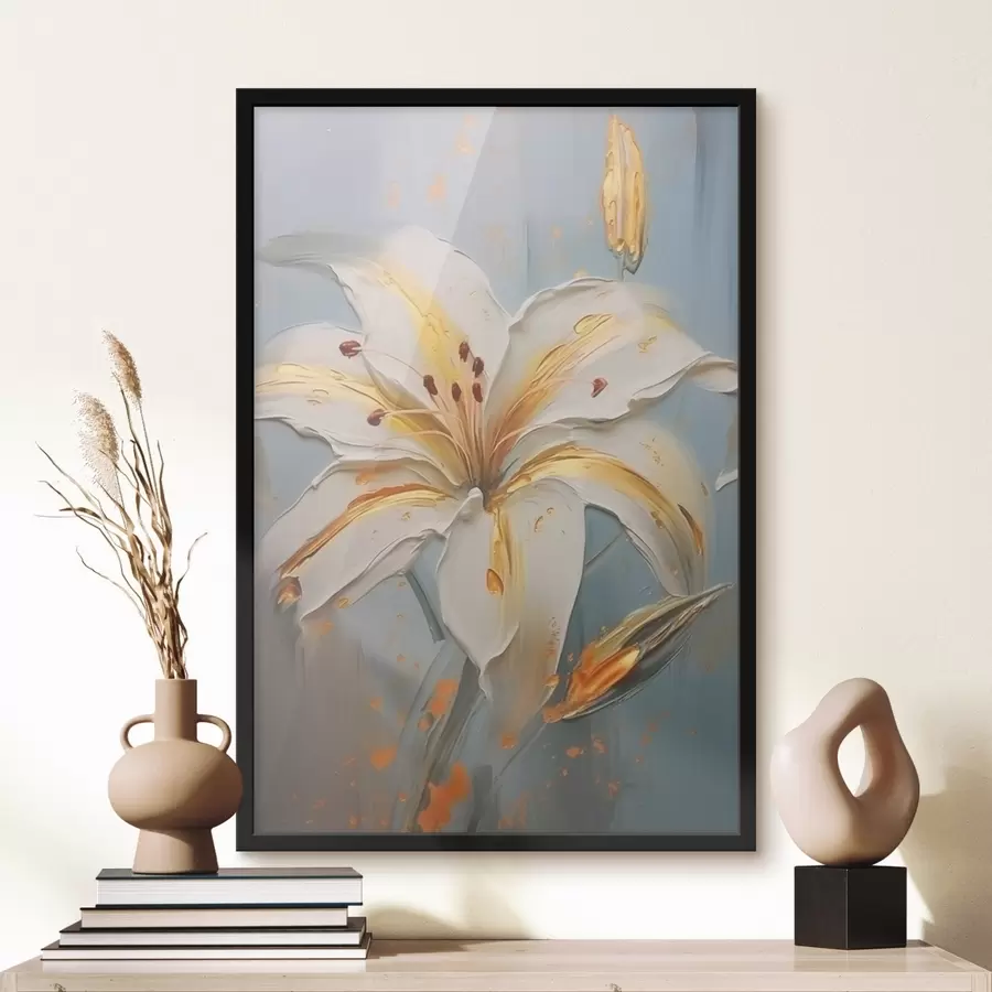 Fototapeedid Valge liilia kollaste piirjoontega sinisel taustal f45077