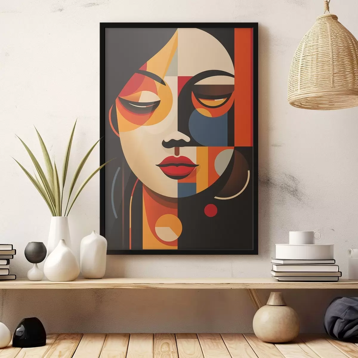 Plakat Geomeetriline naissoost nägu soojades värvides f45087