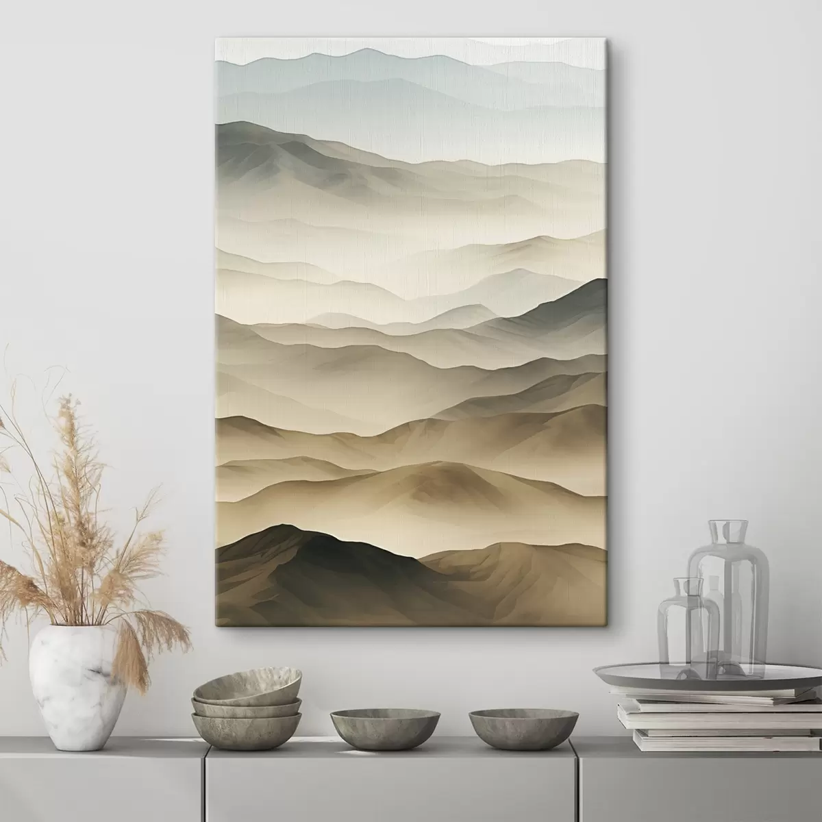 Pilt mäed, udu, neutraalsed toonid, voolavad jooned, maa, pehmed servad, loodus, sügavus s45096