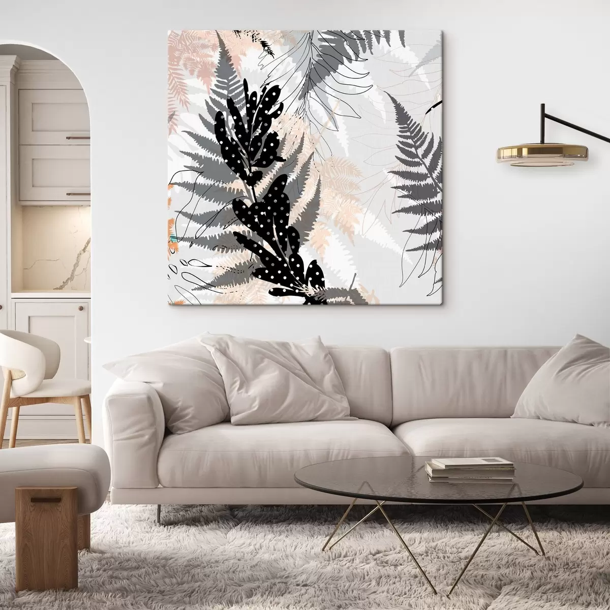 Pilt loodusprint, dekoratiivsed lehed, džunglisegu, sõnajalad, neutraalne värvipalett, lehtede kunst s45104