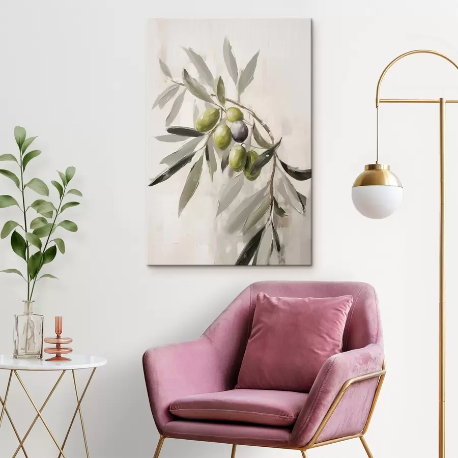 Pilt rohelised oliivid, okste detail, kerge taust, orgaaniline, naturaalne palett, maalähedane, maalähedane s45110