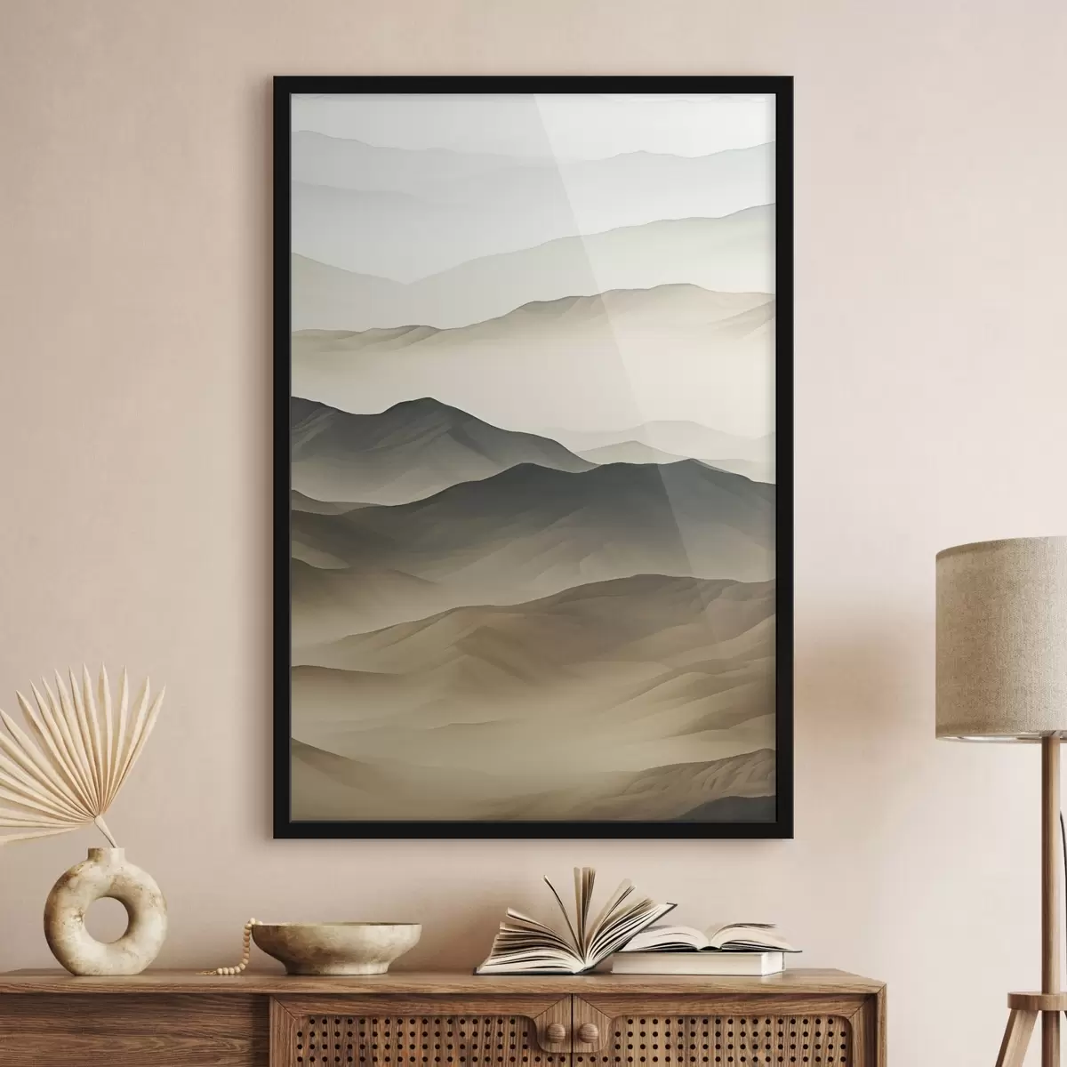 Plakat kõrbemäed, siledaid kujundeid, tuhmunud, orgaaniline tekstuur, rahulik, minimaalne, maastik f45097