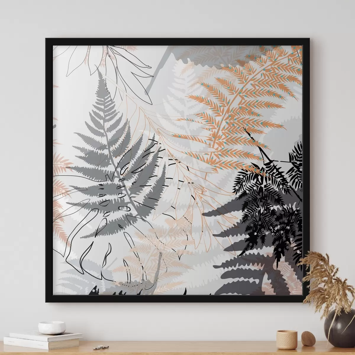 Plakat sõnajalg, abstraktsed lehed, muster, lame disain, kontrast, hallid toonid, botaanika, ülekate f45101