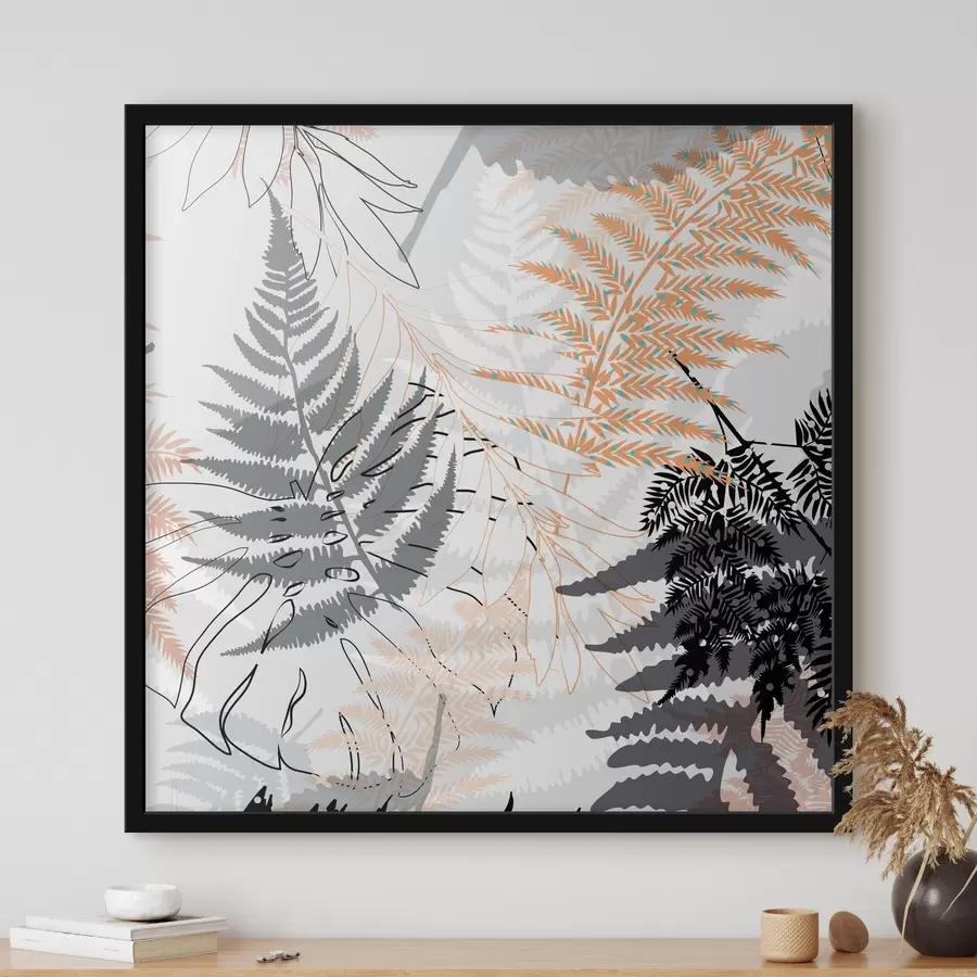 Fototapeedid sõnajalg, abstraktsed lehed, muster, lame disain, kontrast, hallid toonid, botaanika, ülekate f45101