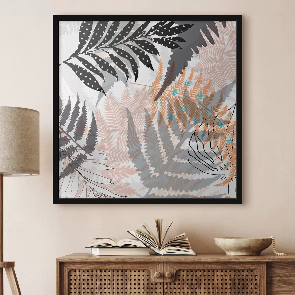 Plakat troopilised lehed, graafika, tekstuur, beež ja must, siluett, kaasaegne, taim f45103