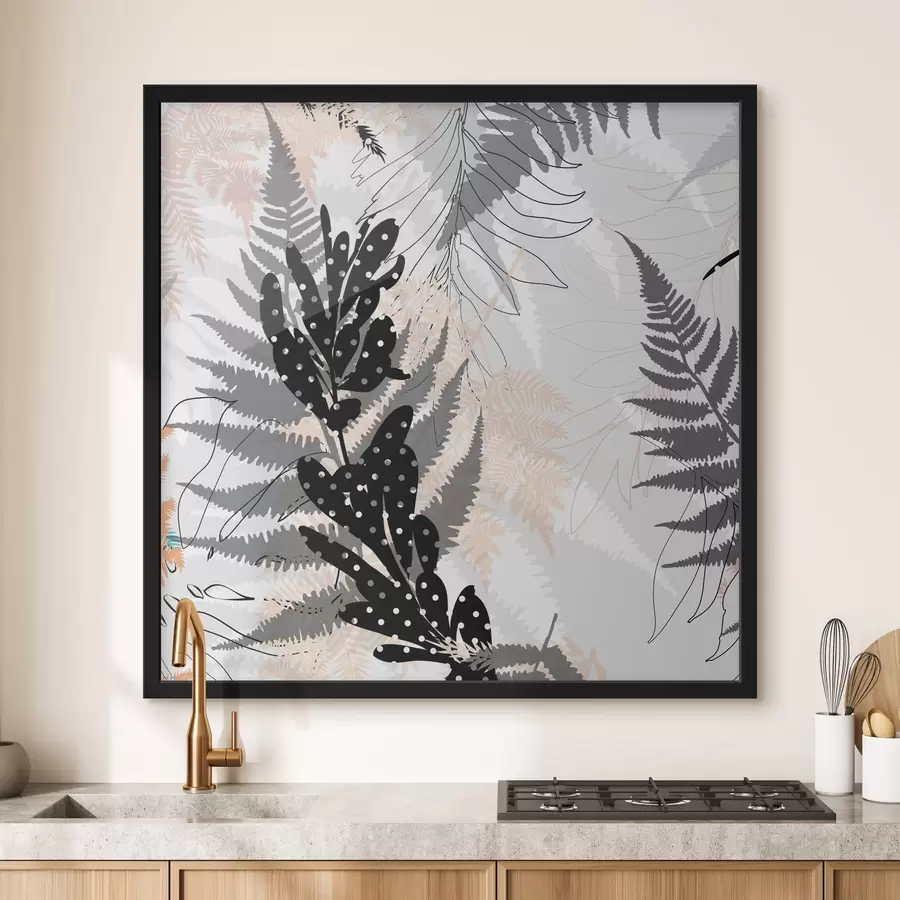 Fototapeedid loodusprint, dekoratiivsed lehed, džunglisegu, sõnajalad, neutraalne värvipalett, lehtede kunst f45104