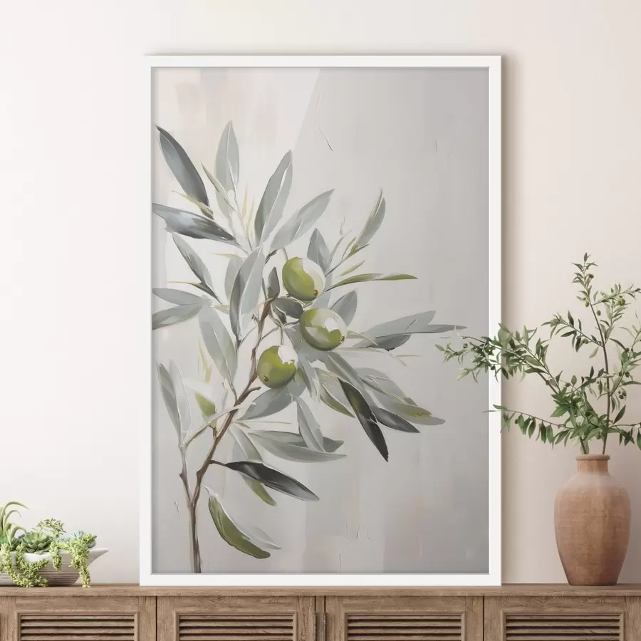 Fototapeedid oliivipuu oks, roheline puu, vaoshoitud toonid, lehed, minimalistlik, looduslik, õlimaal, botaanika f45109