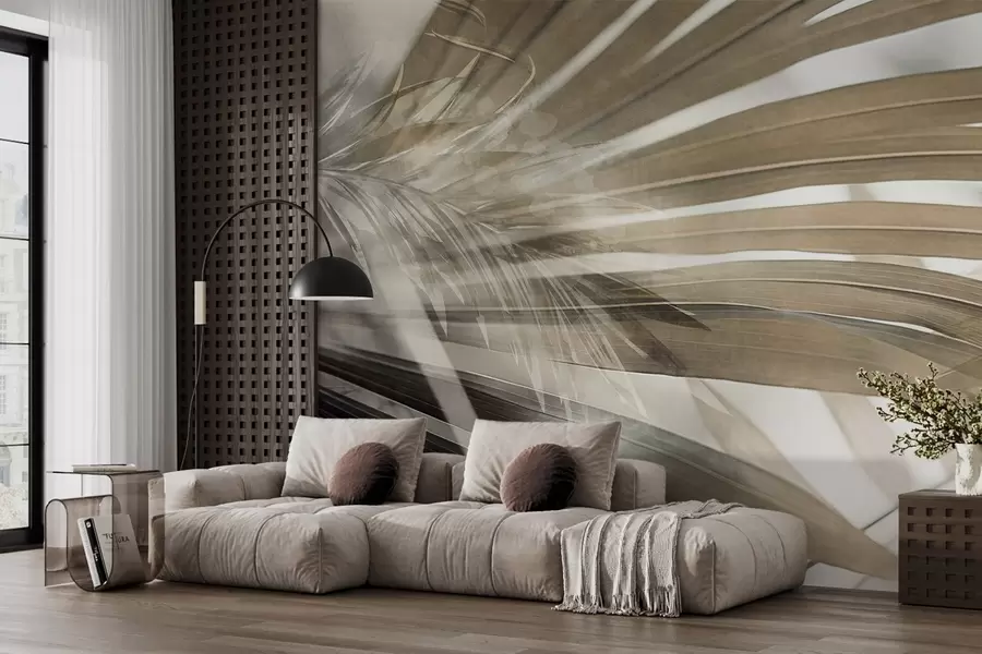 Fototapeedid Helepruunid palmilehed, mis kattuvad ja loovad kihilise efekti pehme, neutraalse taustaga w09256