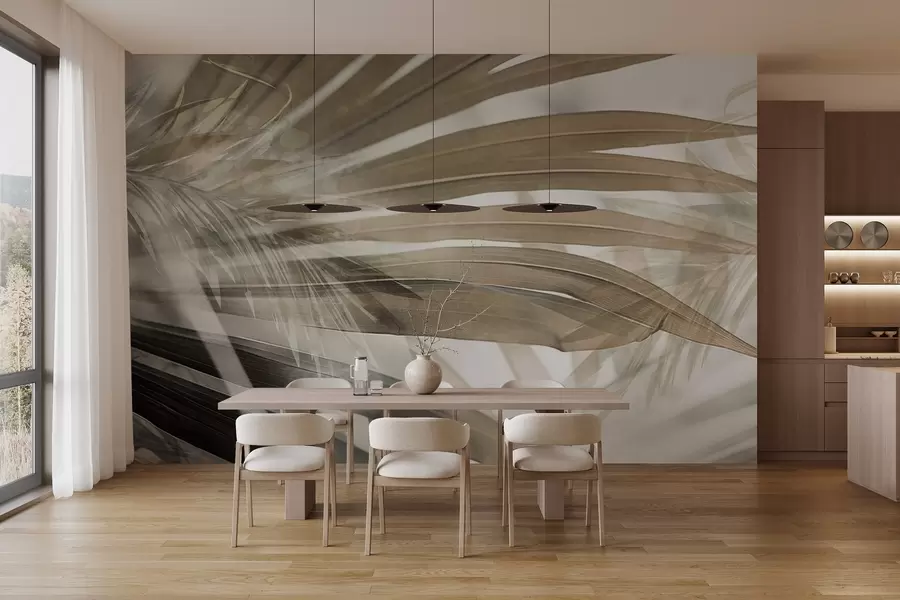 Fototapeedid Helepruunid palmilehed, mis kattuvad ja loovad kihilise efekti pehme, neutraalse taustaga w09256