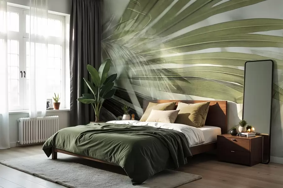 Fototapeedid Helerohelise tooniga palmilehed, mis kattuvad ja loovad kihilise efekti pehme, neutraalse tausta taustal w09256v1