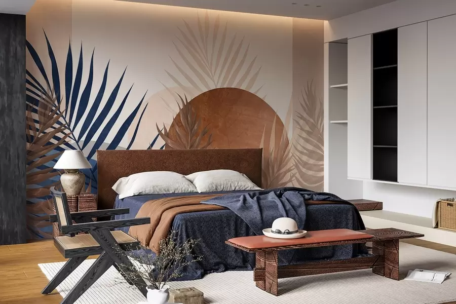 Fototapeedid Abstraktne tekstuurne kompositsioon, millel on troopilised lehed sinistes ja mahedates toonides, suure ringikujuga w09257