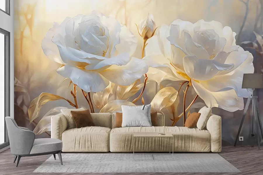 Fototapeedid Valged tekstuursed roosid kollaste varte ja lehtedega, pehme valgustus, heledal taustal hägusad lillekujud w09258