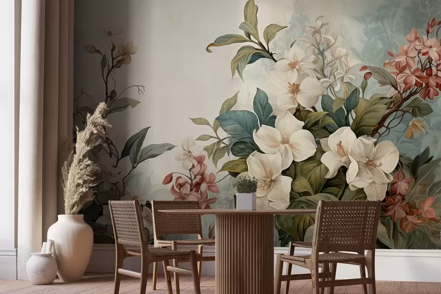 Fototapeedid Tekstuursed troopilised lilled ja lehed pehmete siniste ja roheliste toonidega, õrnad pintslitõmbed, vintage botaaniline stiil w09259