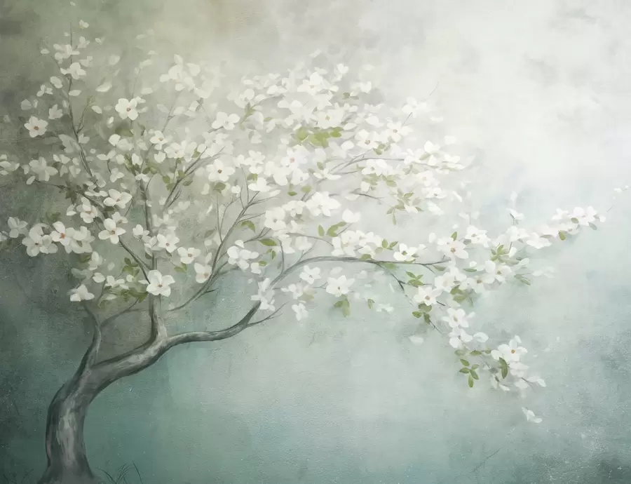 Fototapeedid Õitsev puu valgete õitega täies õitsengus, taustaks teraline mürarikas tekstuuriline taust, mis on vaikselt sinine ja roheline w09261