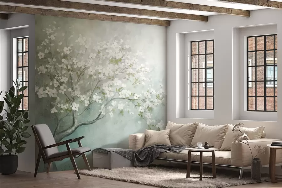 Fototapeedid Õitsev puu valgete õitega täies õitsengus, taustaks teraline mürarikas tekstuuriline taust, mis on vaikselt sinine ja roheline w09261