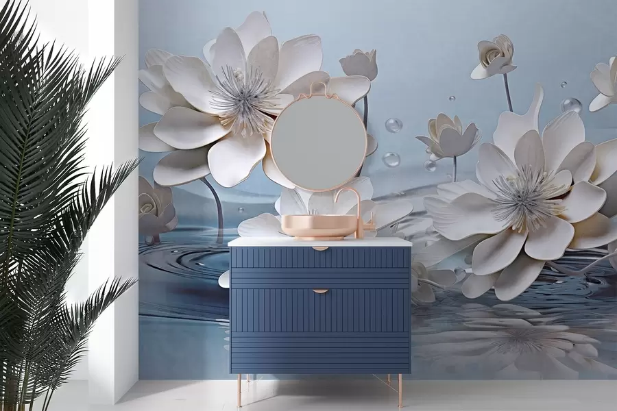 Fototapeedid Valge tekstuuriga lilled koos veetilkadega, peegeldused veepinnal, helesinine taust, elegantne kujundus w09262