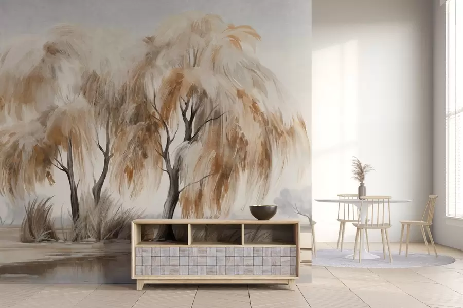 Fototapeedid Pruunide ja valgete lehtedega tekstuursed pajupuud järve kaldal, nende ümber on veidi rohtu, udusel päeval w09268