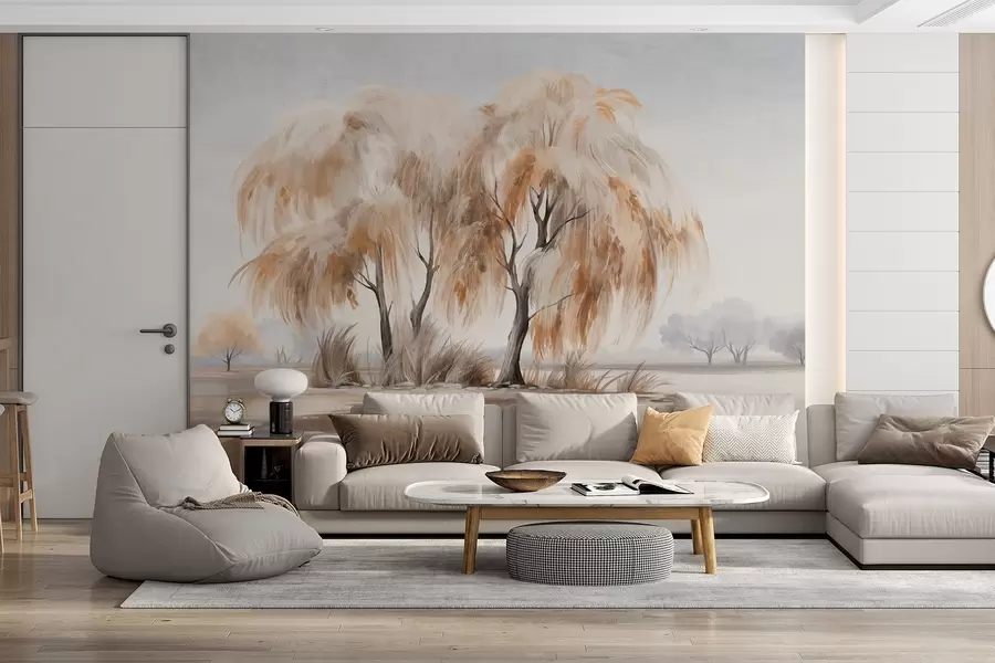 Fototapeedid Pruunide ja valgete lehtedega tekstuursed pajupuud järve kaldal, nende ümber on veidi rohtu, udusel päeval w09268