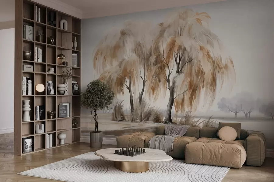 Fototapeedid Pruunide ja valgete lehtedega tekstuursed pajupuud järve kaldal, nende ümber on veidi rohtu, udusel päeval w09268