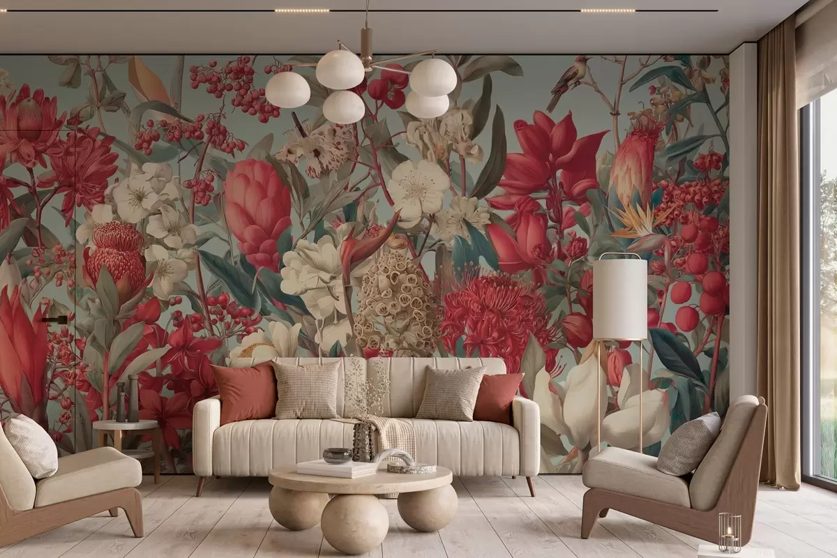 Fototapeedid tekstuursed troopilised lilled sinisel taustal w04209