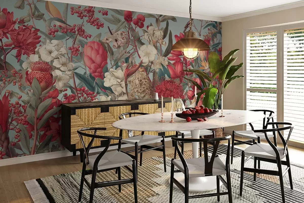 Fototapeedid tekstuursed troopilised lilled sinisel taustal w04209