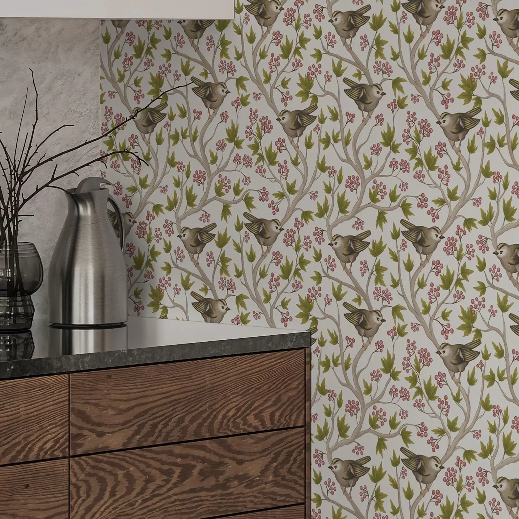 Fototapeedid Linnud lehtede ja marjadega okstel valgel taustal a00283