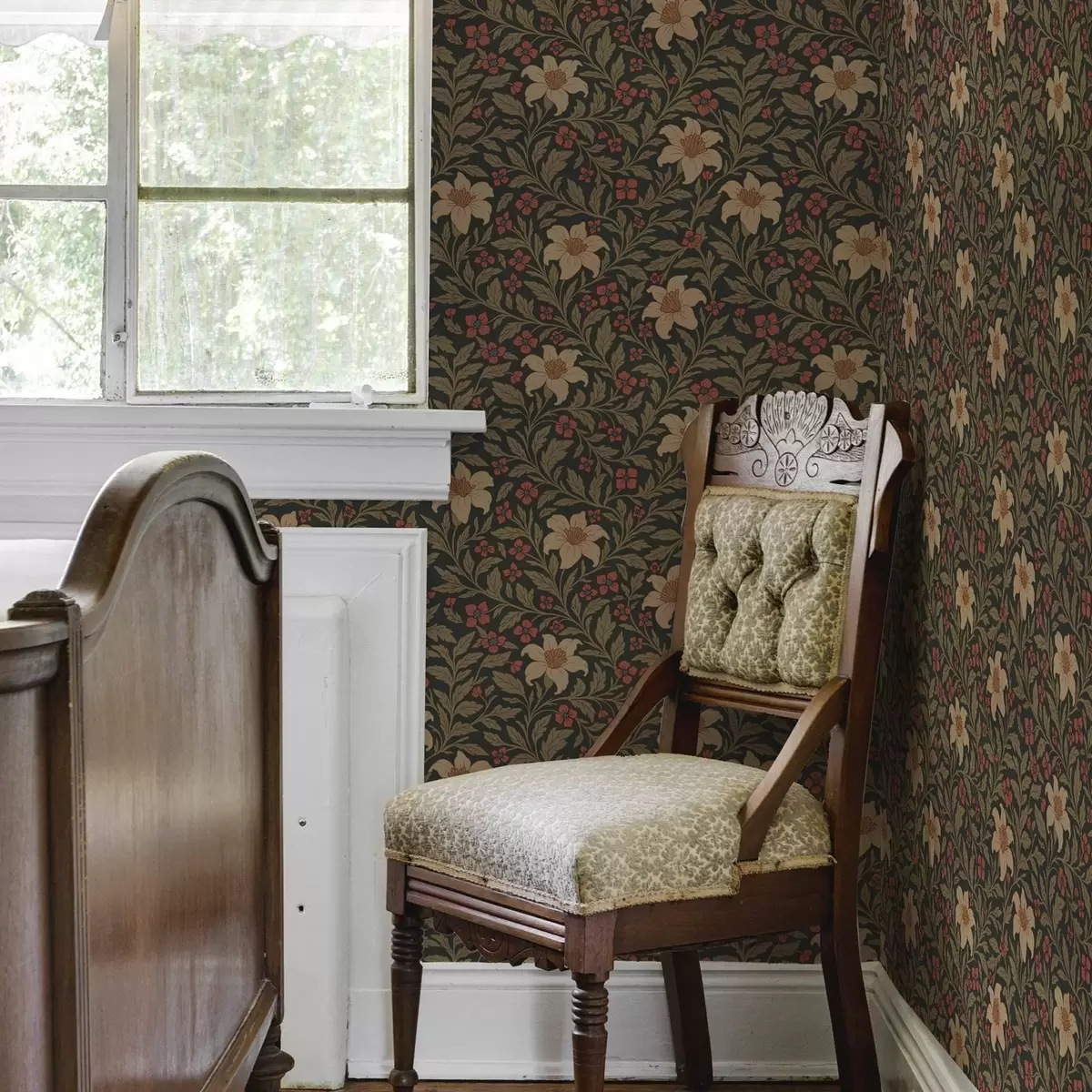 Tapeet Tume taust kollaste ja punaste lilledega juugendstiilis a00293