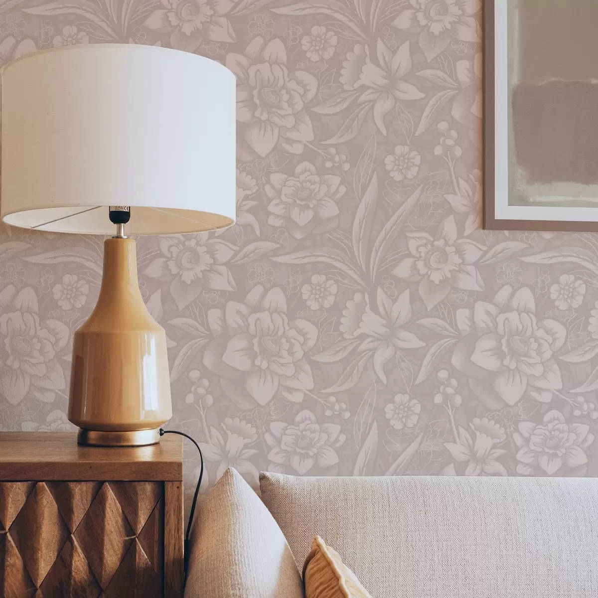 Tapeet Ühevärviline lillekujundus narmastega kreemilisel taustal a00294