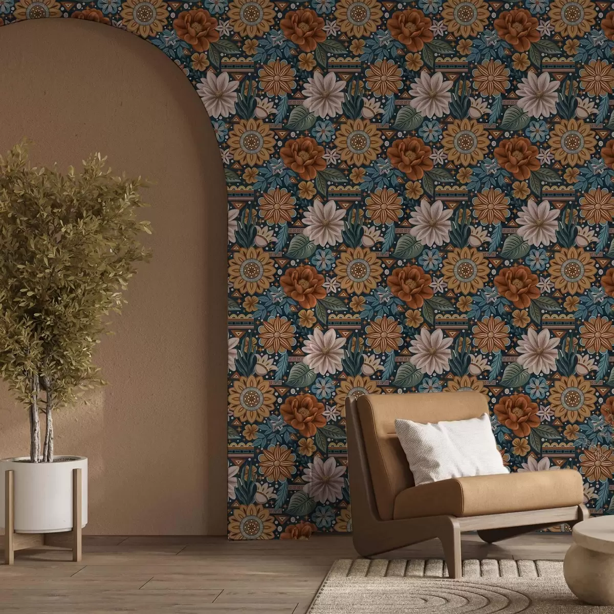 Tapeet Heledad dekoratiivsed lilled koos geomeetriliste elementidega a00305