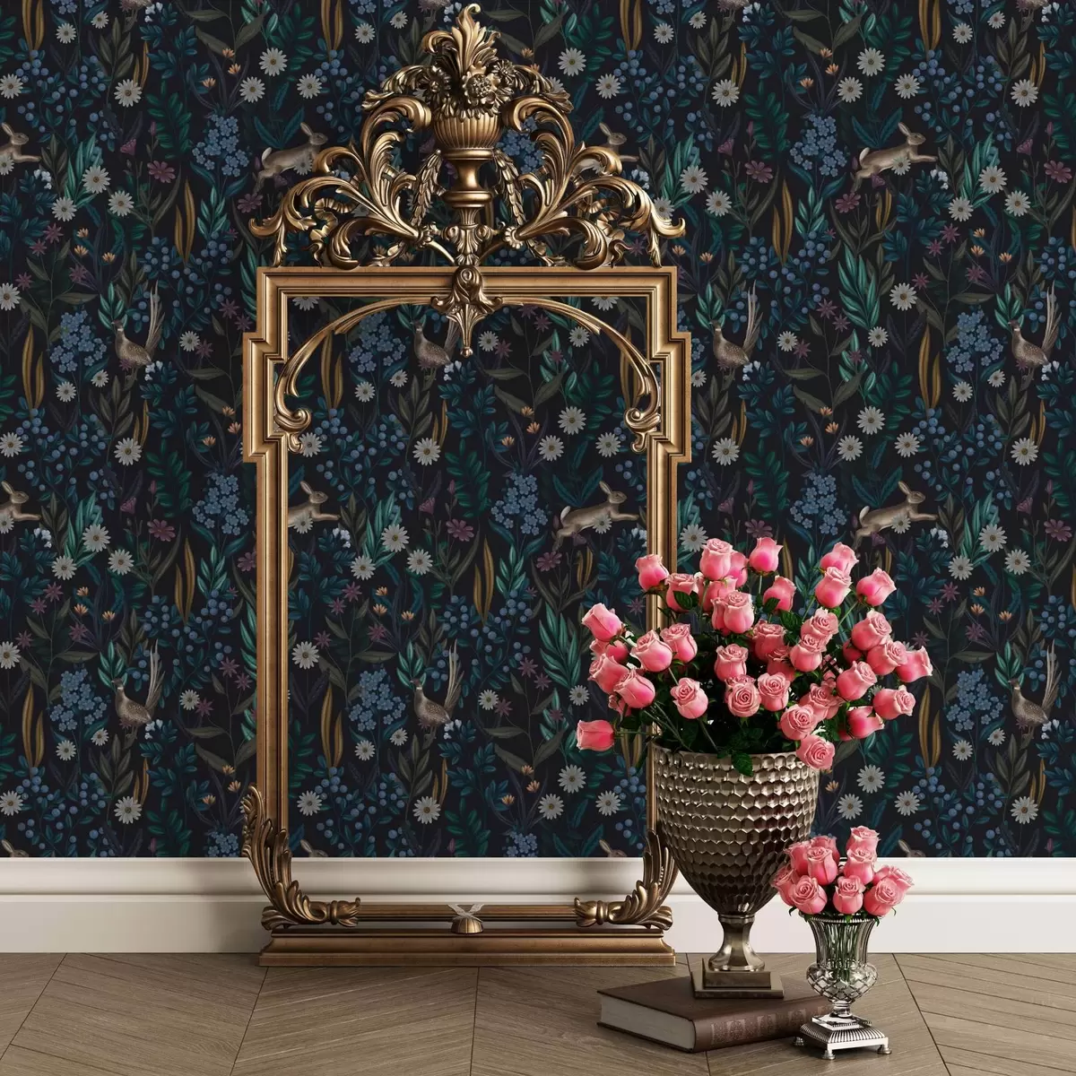 Tapeet Tume mets lillede, jänese ja linnuga a00310