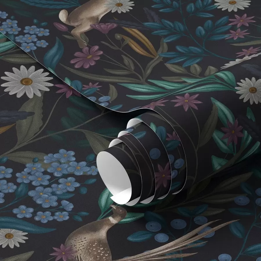 Fototapeedid Tume mets lillede, jänese ja linnuga a00310