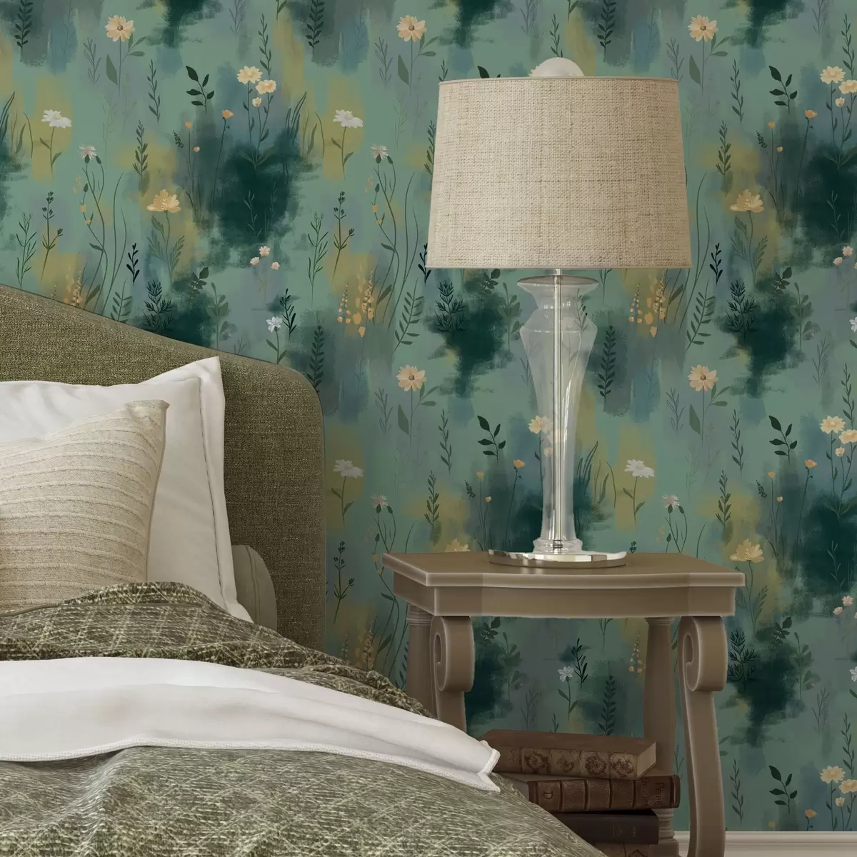 Tapeet Akvarell abstraktsioon lilledega rohelisel taustal a00312