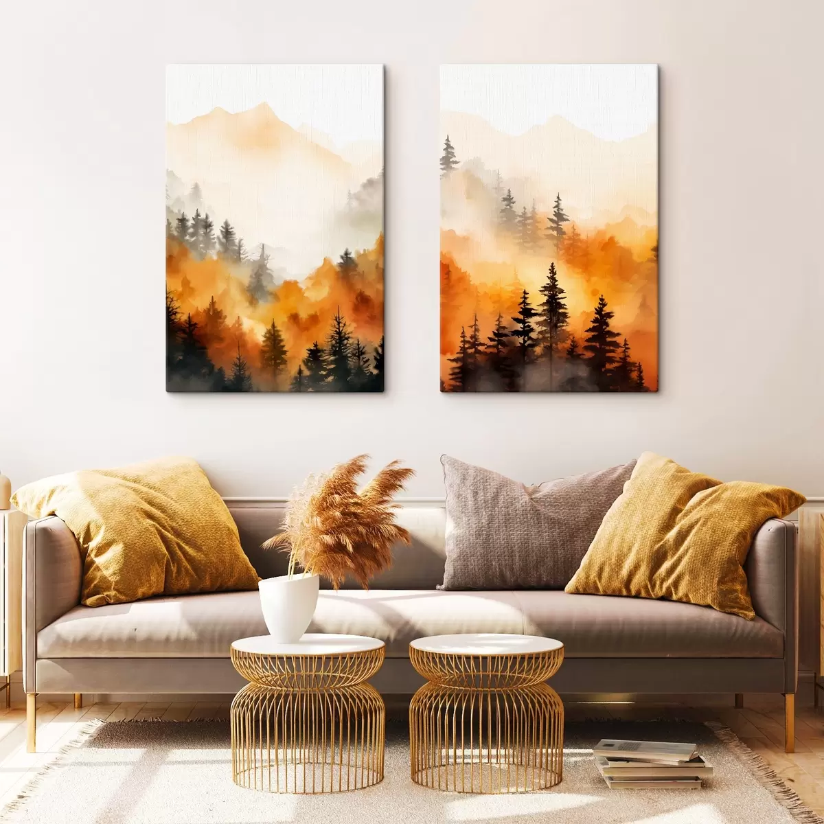 Pilt Maastiku akvarellmaal imitatsioon metsa kõrge männi ja mägedega taustal m00519