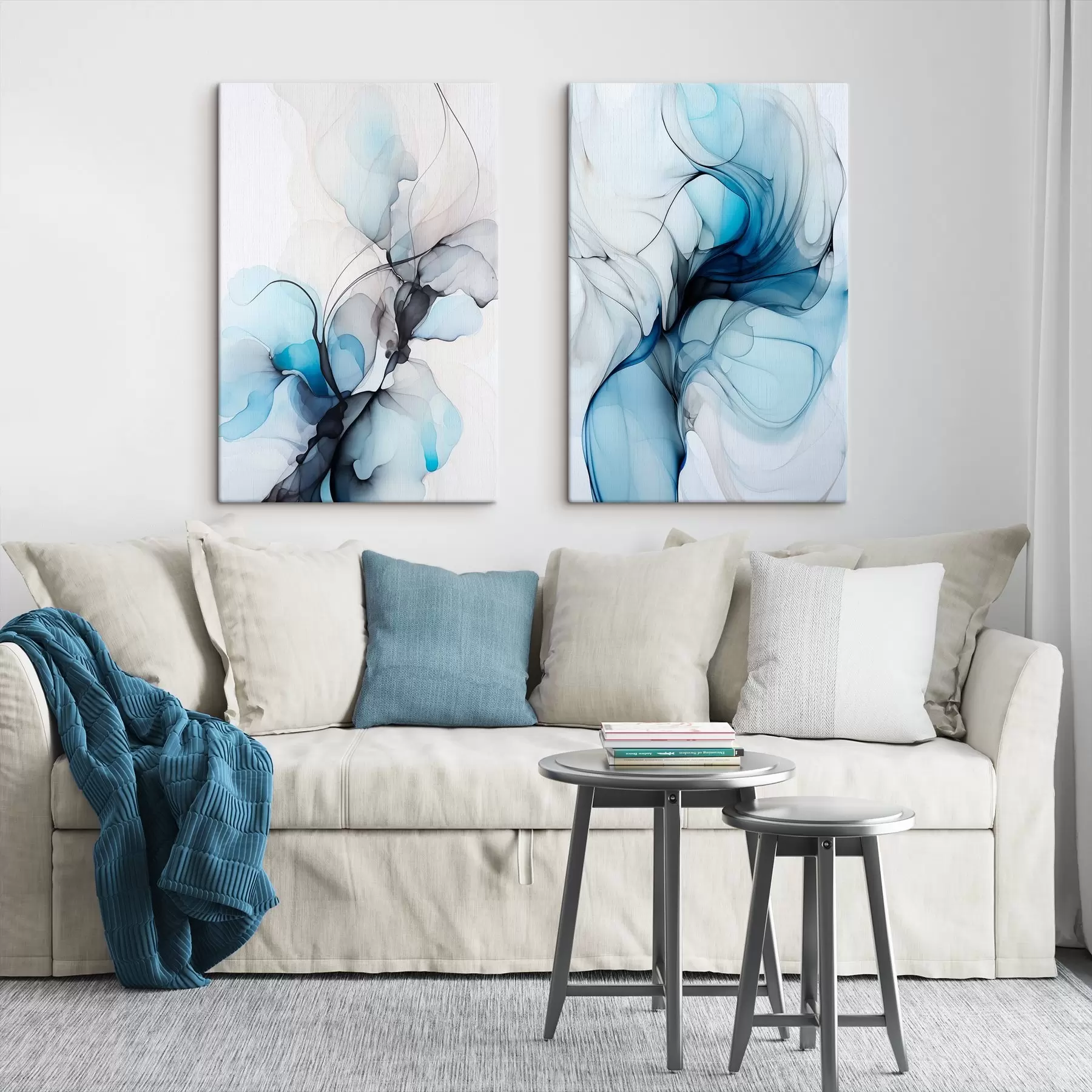 Pilt Abstraktne kompositsioon voolavate joonte ja läbikumavate kroonlehtedega sinise valge ja beeži toonides, alkoholi tindi imitatsioon m00523