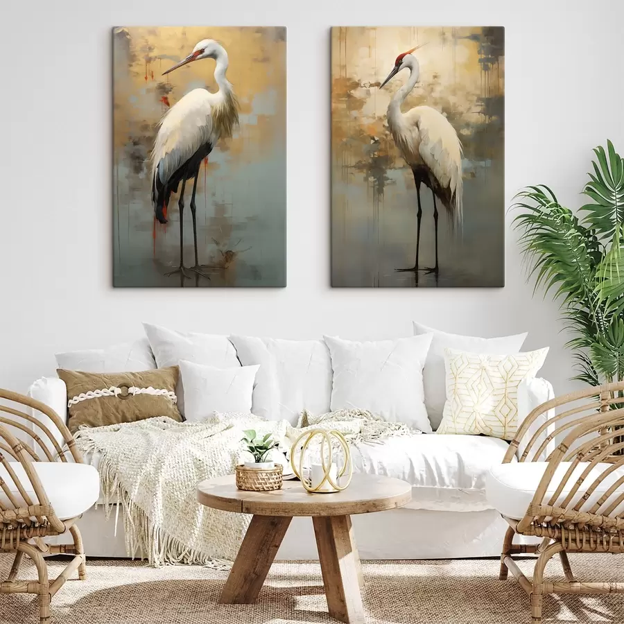 Pilt Valge haigur vaiksete kollaste, pruunide ja siniste toonide taustal, mis viitavad udusele, abstraktsele maastikule m00530