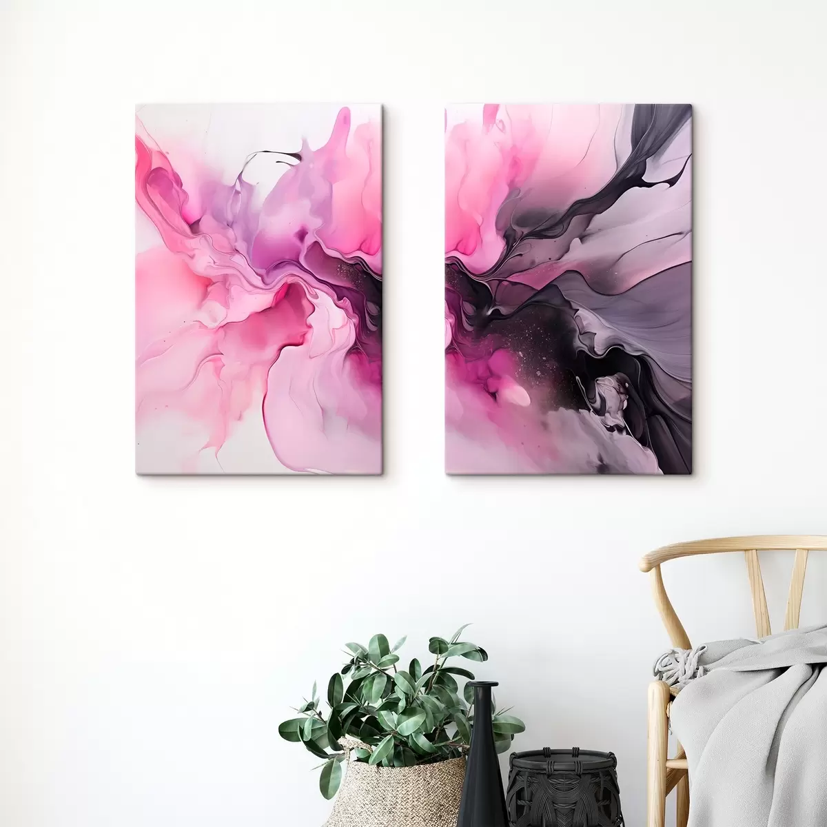 Pilt Abstraktsed roosa, lilla ja musta värvi keerised segunevad kokku voolavas, orgaanilises kompositsioonis, tekitades liikumise tunde  m00532