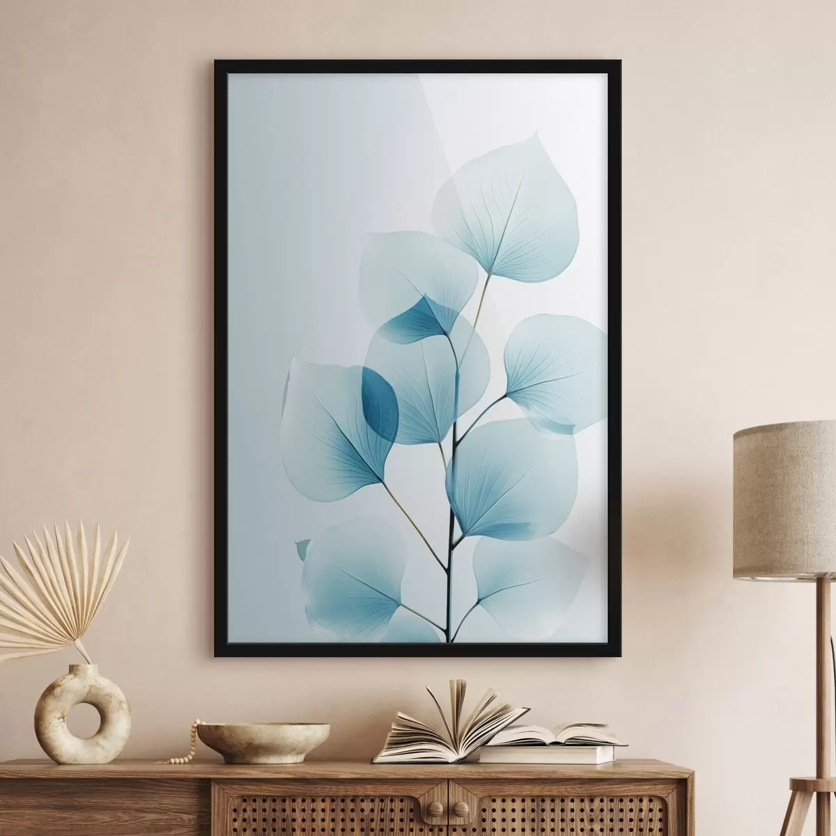 Plakat Läbipaistvate siniste lehtedega oks, õrnad veenid nähtavad, kerge ja rahulik kompositsioon, minimalistlik esteetika f45175