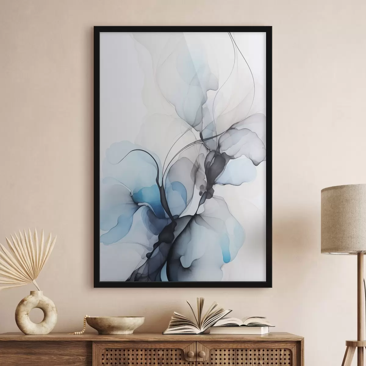 Plakat Abstraktne kompositsioon voolavate joonte ja läbikumavate kroonlehtedega sinise valge ja beeži toonides, alkoholi tindi imitatsioon f45177