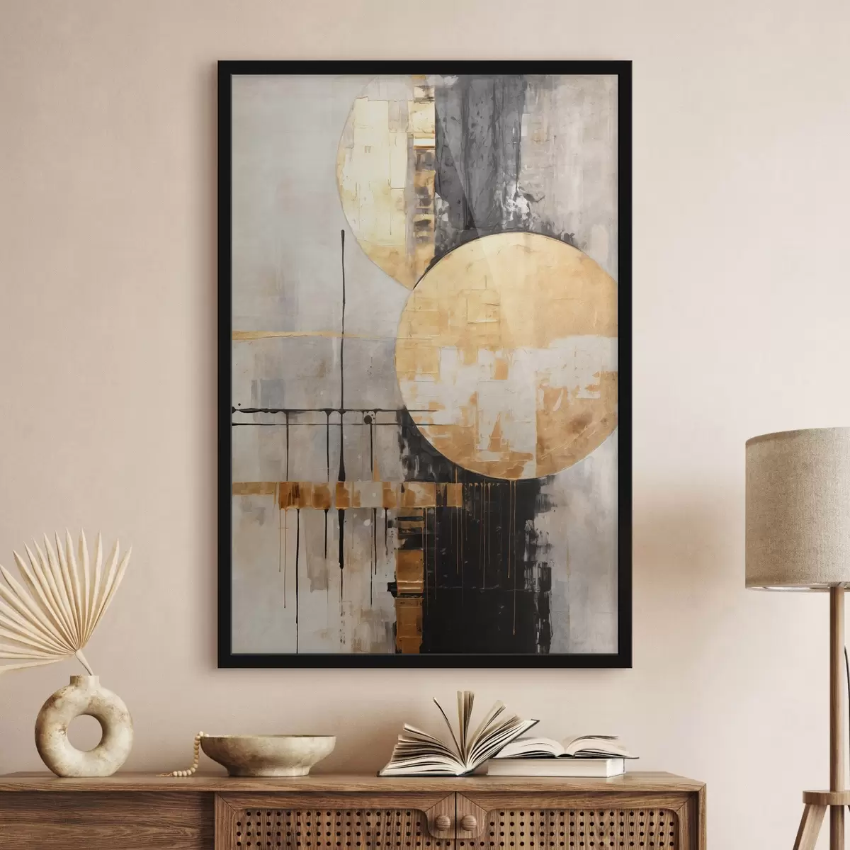 Plakat Abstraktne maal ringide, mustade ja kollaste joontega ning halli ja valge tooniga taustaga f45185