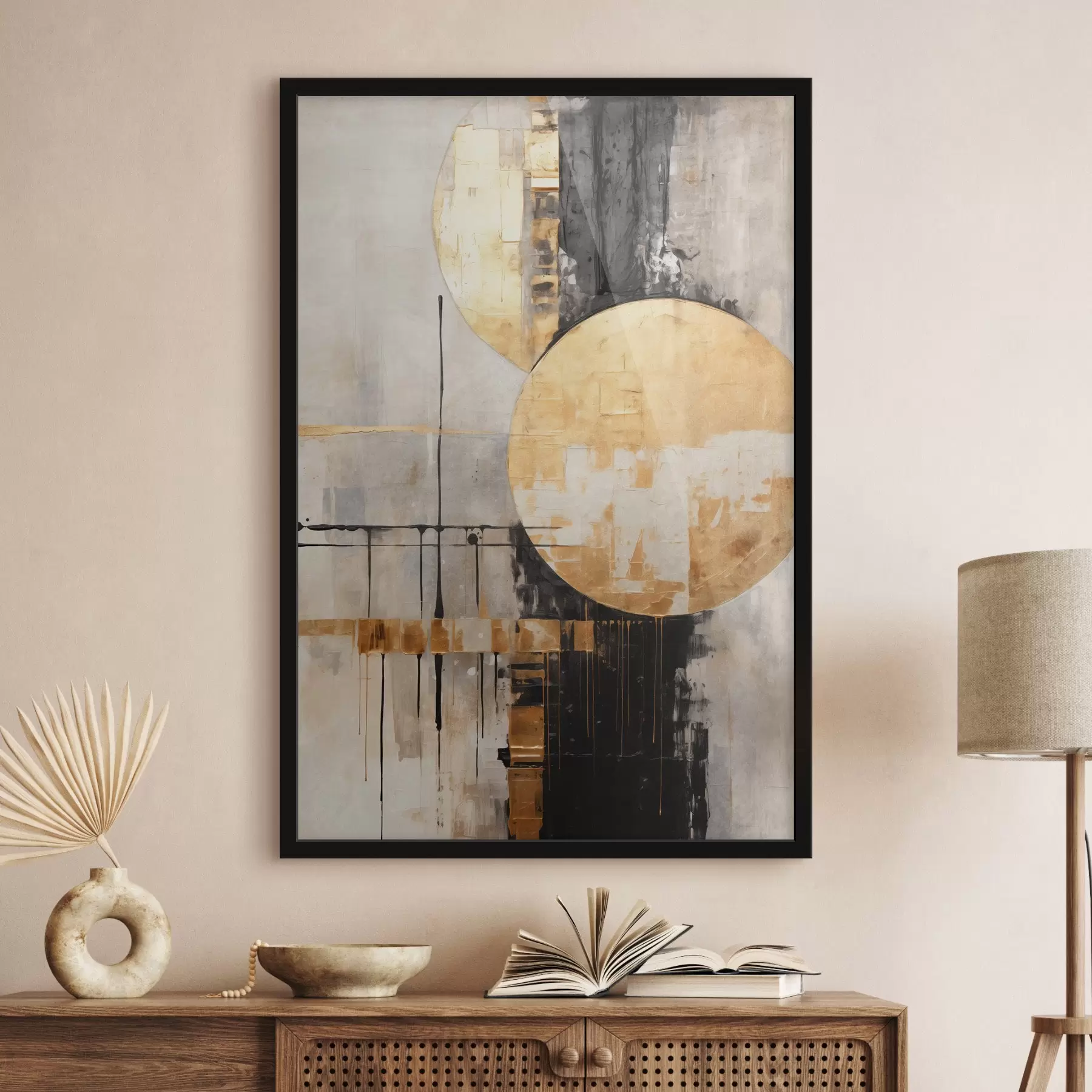 Fototapeedid Abstraktne maal ringide, mustade ja kollaste joontega ning halli ja valge tooniga taustaga f45185