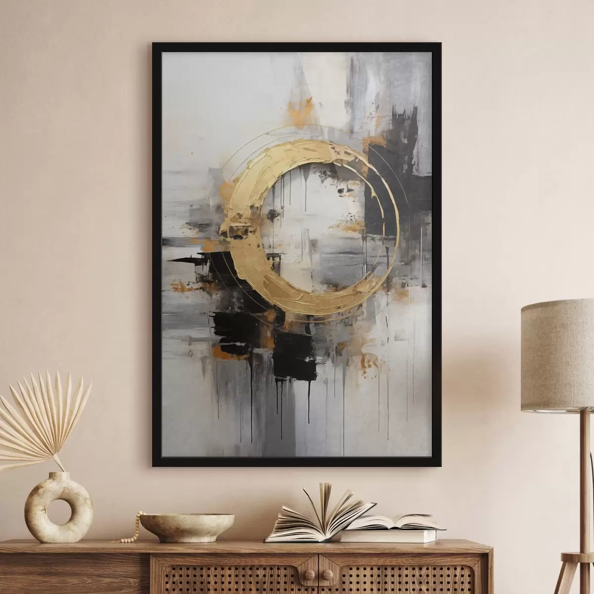 Plakat Abstraktne maal ringide, mustade ja kollaste joontega ning halli ja valge tooniga taustaga f45186