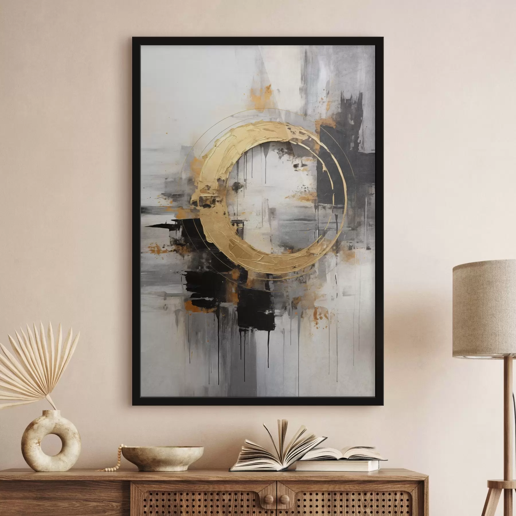 Fototapeedid Abstraktne maal ringide, mustade ja kollaste joontega ning halli ja valge tooniga taustaga f45186