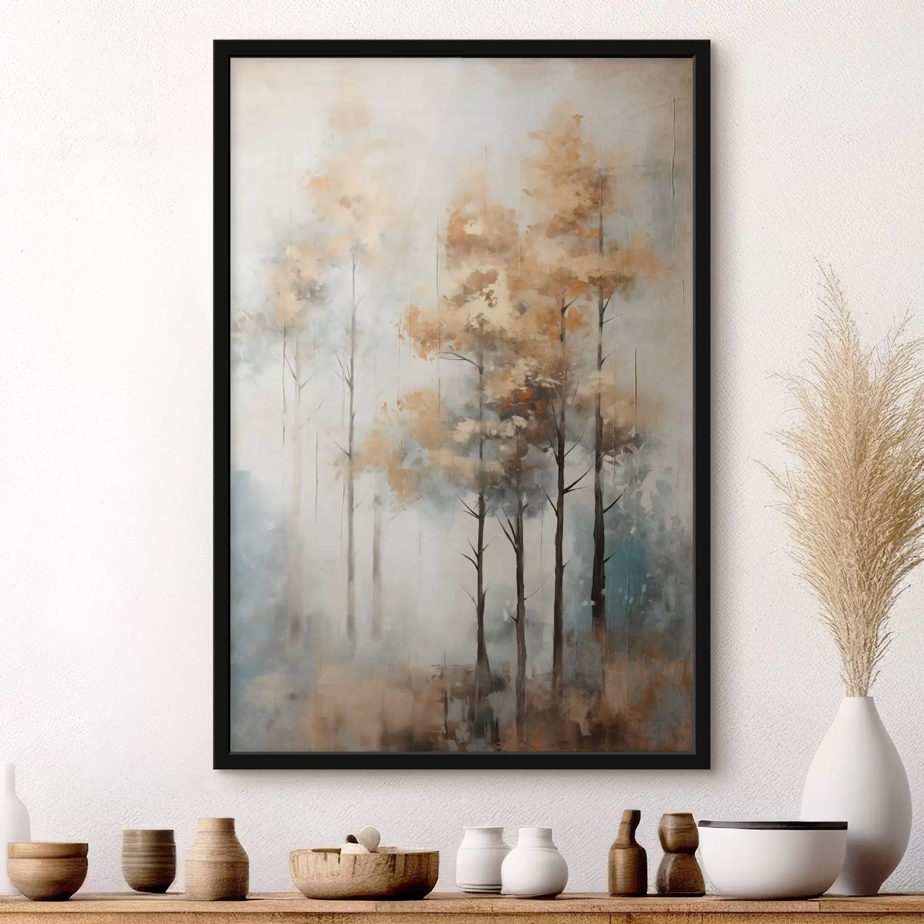 Fototapeedid Tekstureeritud kõrged puud kollaste lehtedega metsas , taustal on pehme sinise ja pruuni tooni segu f45187