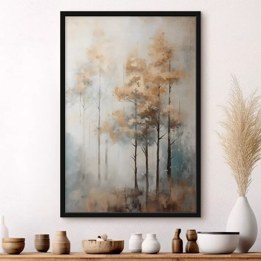 Fototapeedid Tekstureeritud kõrged puud kollaste lehtedega metsas , taustal on pehme sinise ja pruuni tooni segu f45187