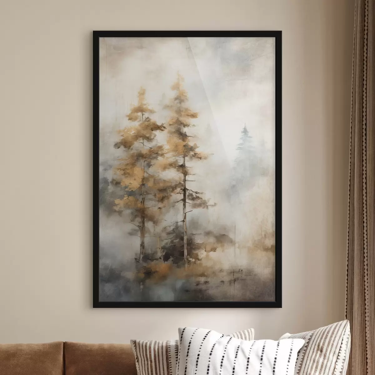 Plakat Tekstureeritud kõrged puud kollaste lehtedega metsas , taustal on pehme sinise ja pruuni tooni segu f45188