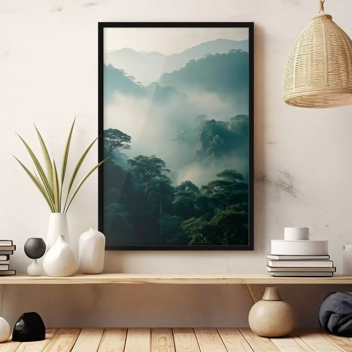 Plakat Troopiline vihmamets koos lopsakate roheliste puude ja paksu udu kihiga , mis loob atmosfääri f45189