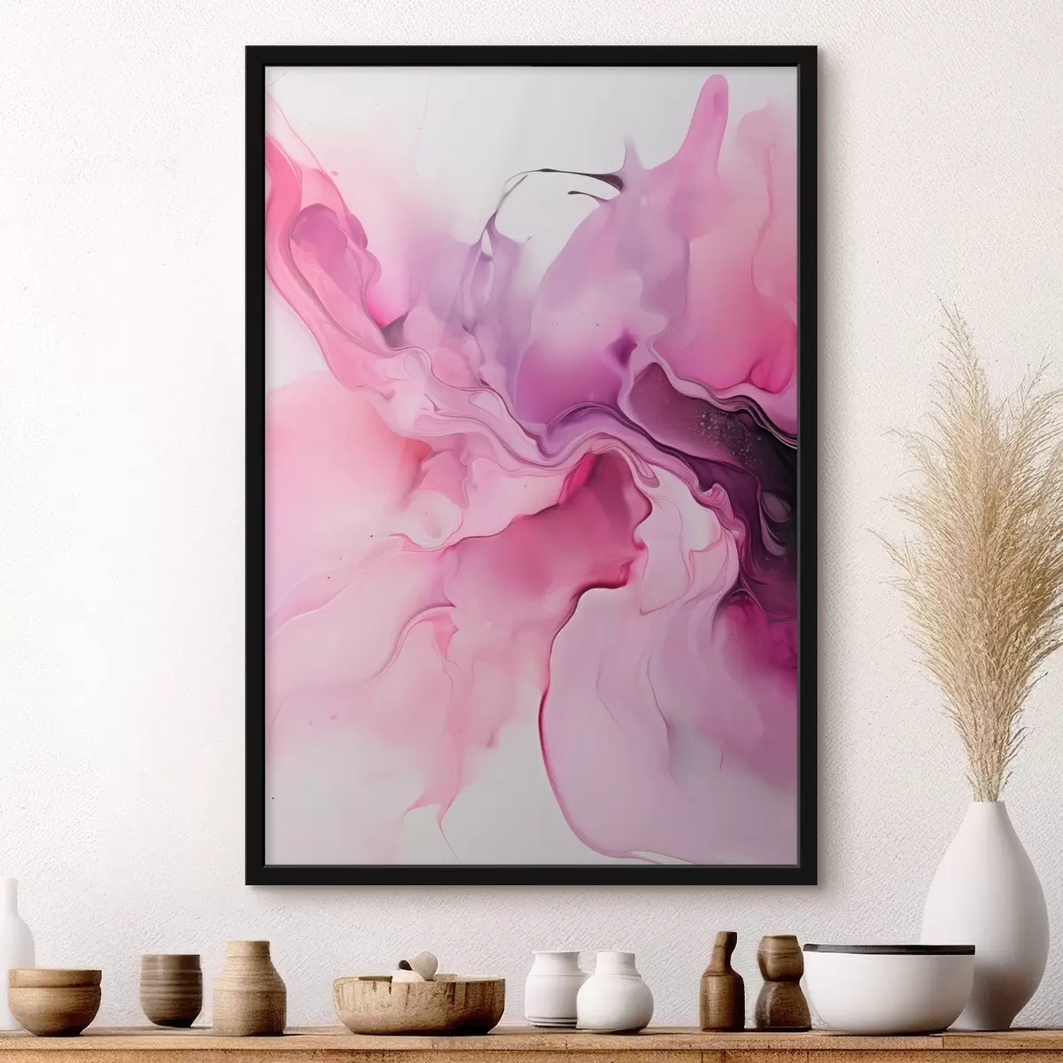 Plakat Abstraktsed roosa, lilla ja musta värvi keerised segunevad kokku voolavas, orgaanilises kompositsioonis, tekitades liikumise tunde f45195